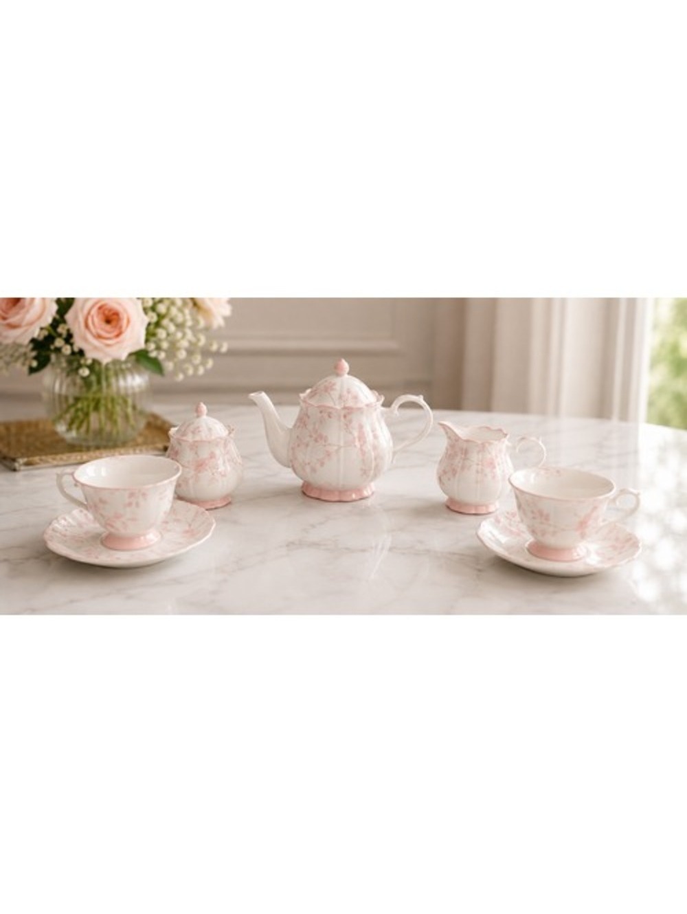 Pink Floral Porcelain Tea Set Teapot Sugar Creamer Cups Saucers 7 Piece Set